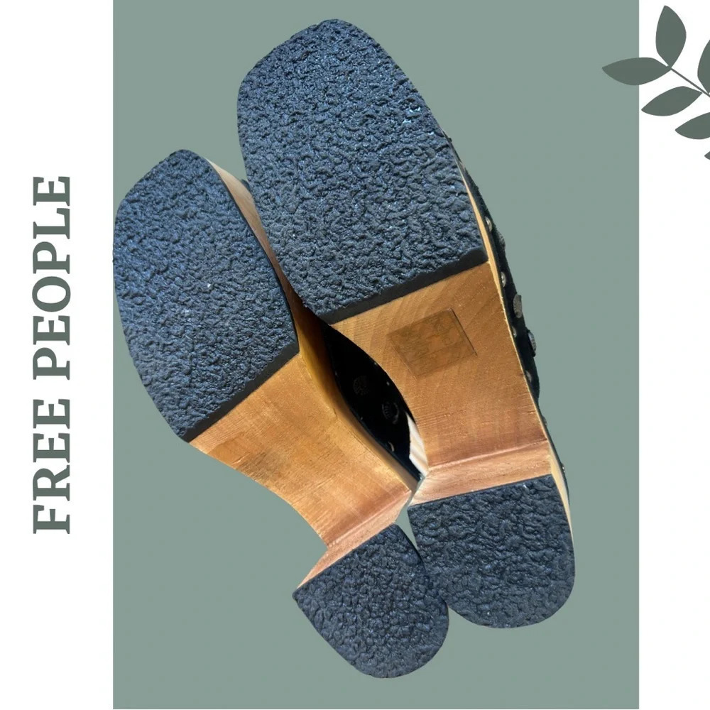 Free People Claudia Wooden Platform Clogs Black Suede Metal Detail Size 41 - Picture 6 of 7
